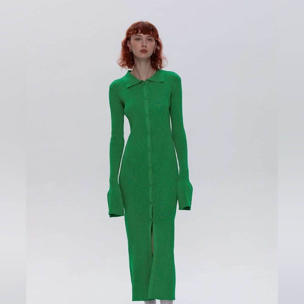 𝅺Vibrant green Shell Sleeve Ribbed Buttons Down Maxi Dress